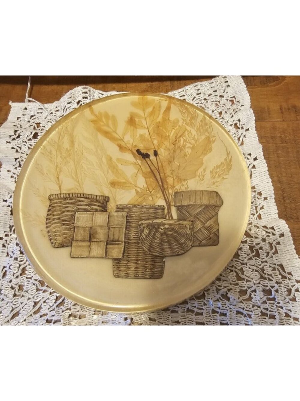 Vintage Dried Pressed Flowers Leaves Baskets Resin / Lucite Trivet/ Wall Art
